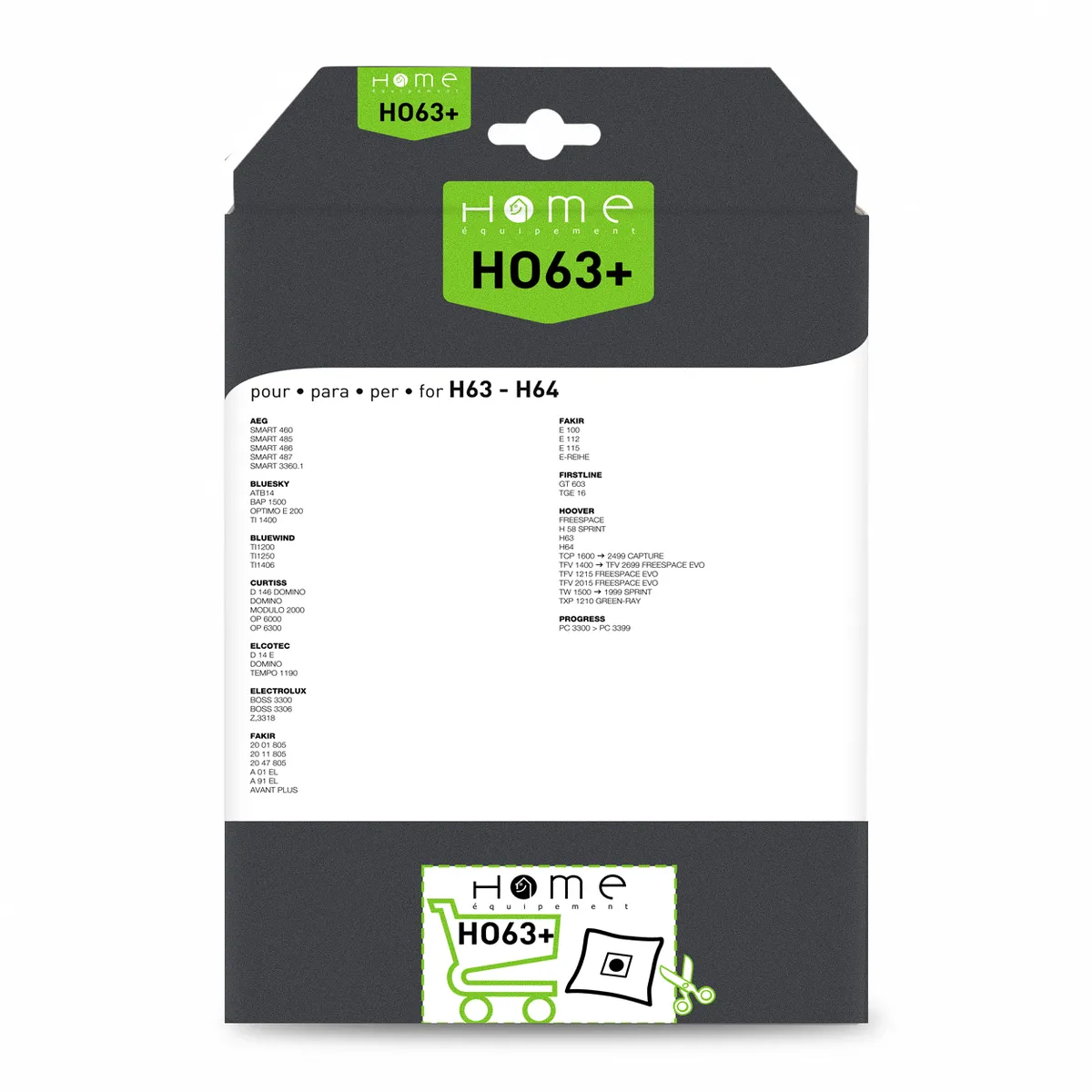 Lot de sacs aspirateur HEHO63+ avec système de filtration multicouche et fermeture hygiénique pour éviter le rejet de poussière. La photo montre le verso avec les instructions