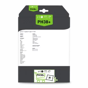 Lot de sacs aspirateur HEPH38+ avec système de filtration multicouche et fermeture hygiénique pour éviter le rejet de poussière. La photo montre le verso avec les instructions