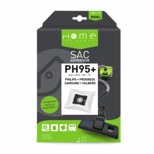 Lot de sacs aspirateur HEPH95+ avec système de filtration multicouche et fermeture hygiénique pour éviter le rejet de poussière. La photo montre le recto de la boîte.