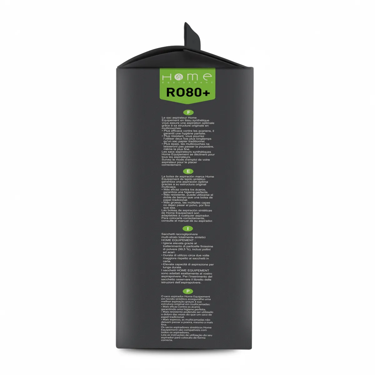 Lot de sacs aspirateur HERO80+ avec système de filtration multicouche et fermeture hygiénique pour éviter le rejet de poussière. La photo montre le côté droit de la boîte.