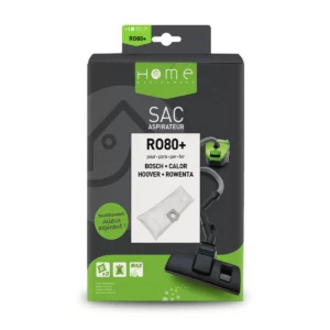 Lot de sacs aspirateur HERO80+ avec système de filtration multicouche et fermeture hygiénique pour éviter le rejet de poussière. La photo montre le recto de la boîte.