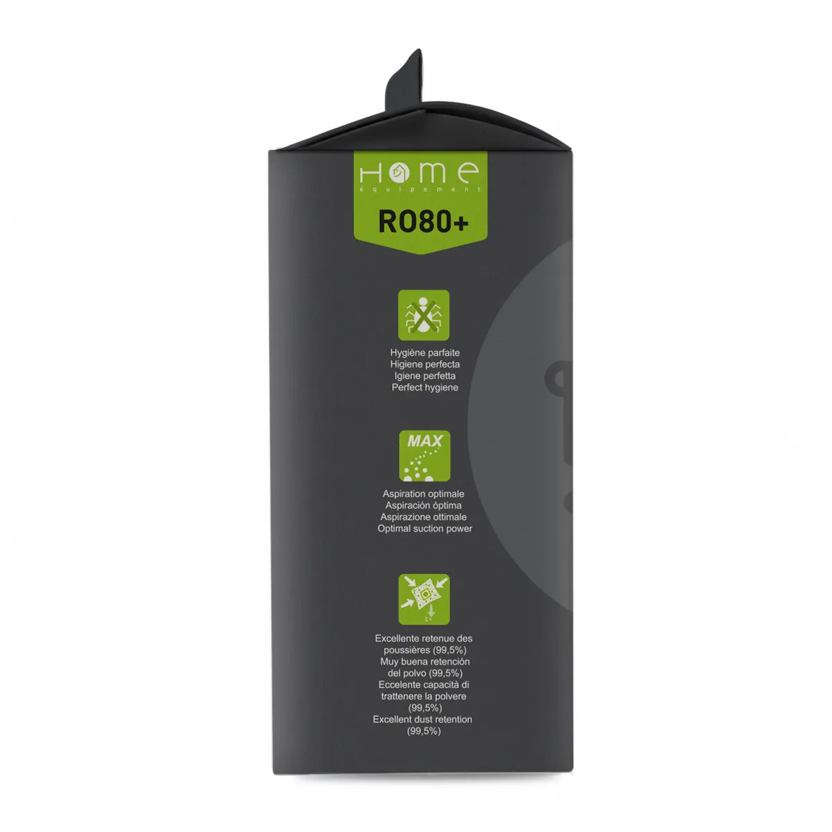 Lot de sacs aspirateur HERO80+ avec système de filtration multicouche et fermeture hygiénique pour éviter le rejet de poussière. La photo montre le côté gauche de la boîte.