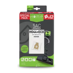 Lot de sacs aspirateur HEHO44+ ECO avec système de filtration multicouche et fermeture hygiénique pour éviter le rejet de poussière. La photo montre le recto de la boîte.