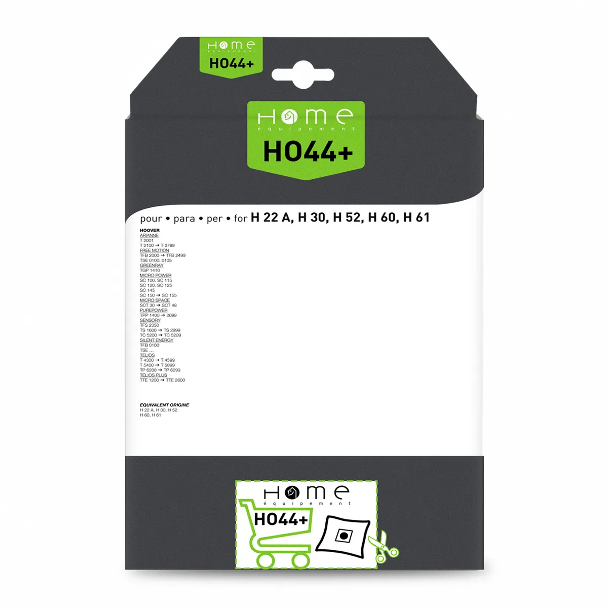 Lot de sacs aspirateur HEHO44+ avec système de filtration multicouche et fermeture hygiénique pour éviter le rejet de poussière. La photo montre le verso avec les instructions
