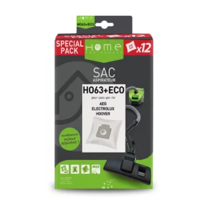 Lot de sacs aspirateur HEHO63+ ECO avec système de filtration multicouche et fermeture hygiénique pour éviter le rejet de poussière. La photo montre le recto de la boîte.