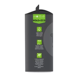 Lot de sacs aspirateur HEHO63+ ECO avec système de filtration multicouche et fermeture hygiénique pour éviter le rejet de poussière. La photo montre le côté gauche de la boîte.
