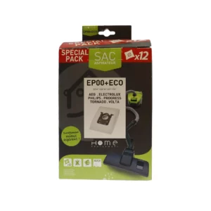 Lot de sacs aspirateur HEEP00+ ECO avec système de filtration multicouche et fermeture hygiénique pour éviter le rejet de poussière. La photo montre le recto de la boîte.