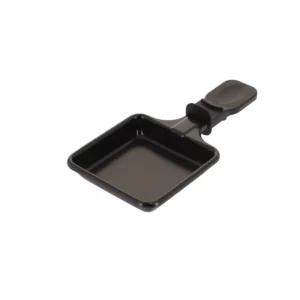 Ici, nous voyons une coupelle à raclette carré dans son ensemble, en 3/4 face.
