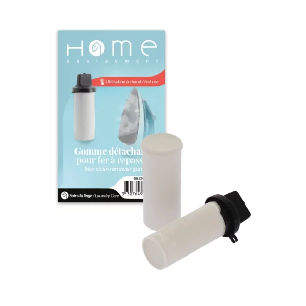 Cette photo montre la gomme détachante pour fer à repasser dans son ensemble, avec son packaging en arrière-plan