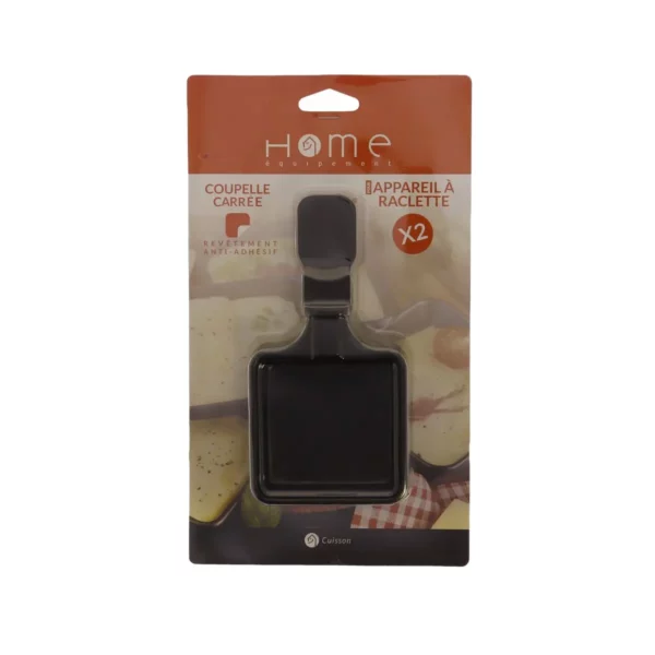 Cette photo nous présente le packaging des coupelles à raclettes carrés de la marque Home Equipement. Ces dernières sont sous blister transparent avec un encart cartonné