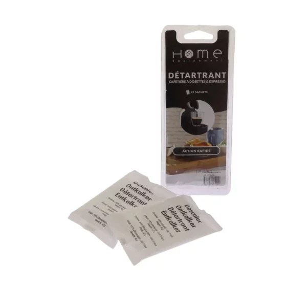 Sur cette photo, nous apercevons les deux sachets détartrants pour cafetière de la marque Home Equipement, ainsi que leur emballage.