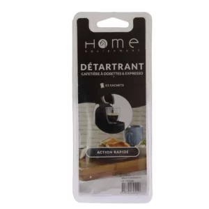 Sur cette photo, nous voyons le packaging des sachets détartrants pour cafetière de la marque Home Equipement, en vue de face, de référence C95556