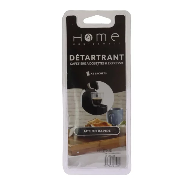 Sur cette photo, nous voyons le packaging des sachets détartrants pour cafetière de la marque Home Equipement, en vue de face, de référence C95556