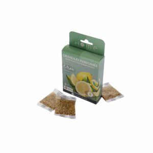 Cette photo nous montre les granulés parfumés au citron pour aspirateur, de la marque Home Equipement, avec leur emballage. La photo est vue en 3/4 face