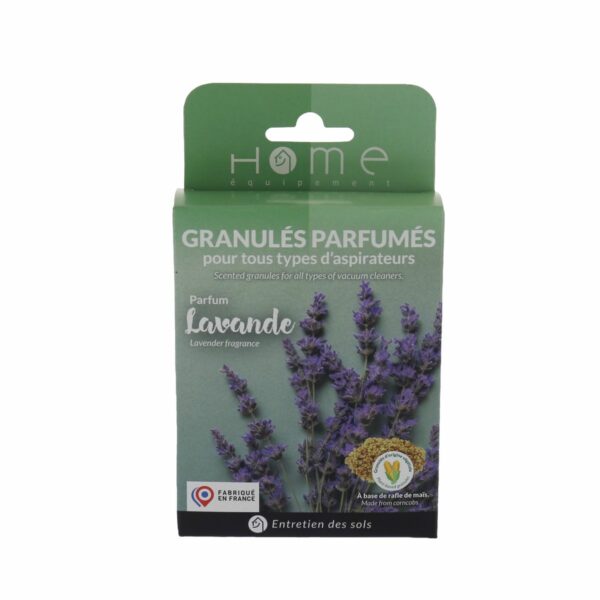Cette photo montre le recto du packaging des granulés parfumés à la lavande pour aspirateur, de la marque Home Equipement, A95044