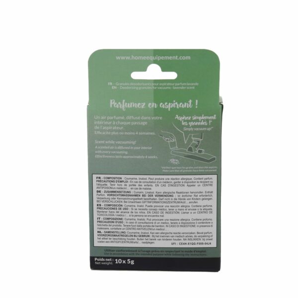 Cette photo montre le verso du packaging des granulés parfumés à la lavande pour aspirateur, de la marque Home Equipement. On peut y lire le mode d'emploi, la composition ainsi que les précautions d'emploi du produit