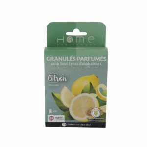 Cette photo montre le recto du packaging des granulés parfumés au citron pour aspirateur, de la marque Home Equipement, A95049