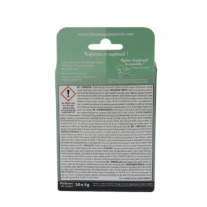 Cette photo montre le verso du packaging des granulés parfumés au citron pour aspirateur, de la marque Home Equipement. On peut y lire le mode d'emploi, la composition ainsi que les précautions d'emploi du produit
