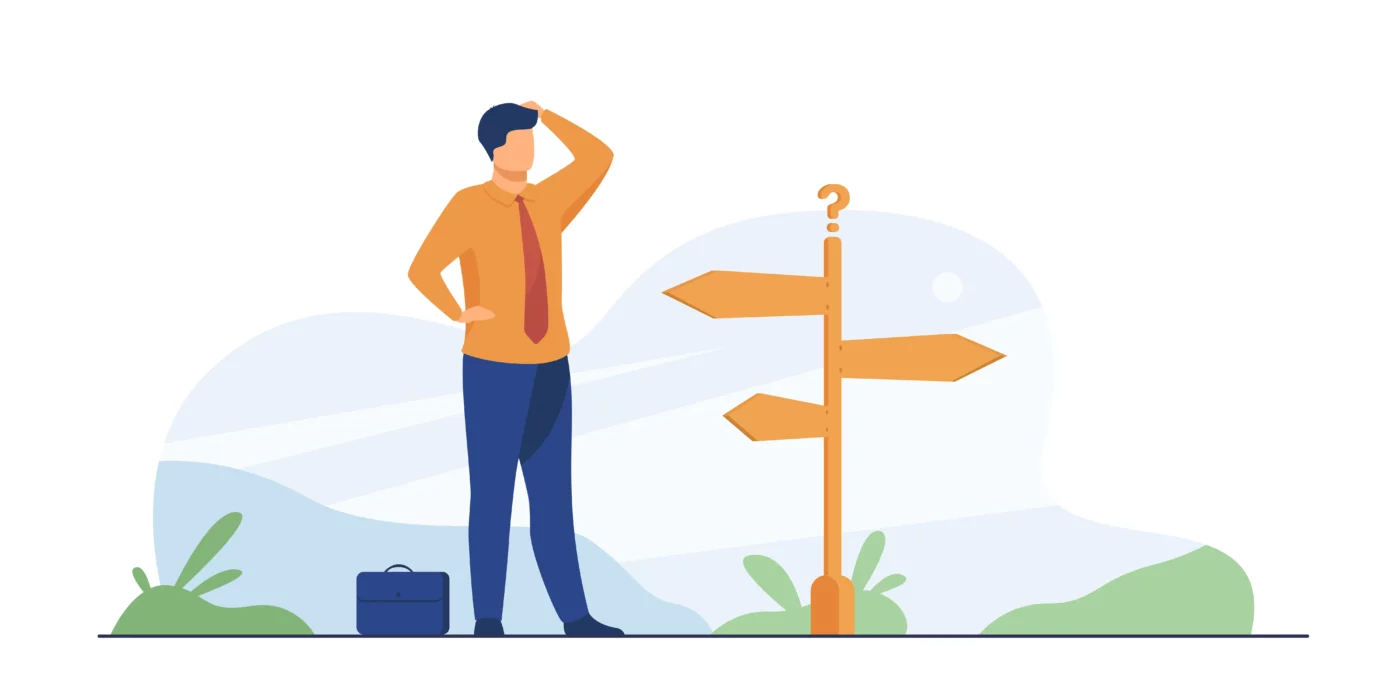 Illustration dans laquelle on aperçoit un homme hésitant devant un panneau qui indique plusieurs chemins.