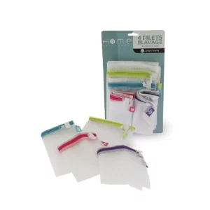 Cette photo nous montre les 4 filets de lavage pour lave-linge de la marque Home Equipement, de référence 92009. Ils sont présentés avec leur parkaging.